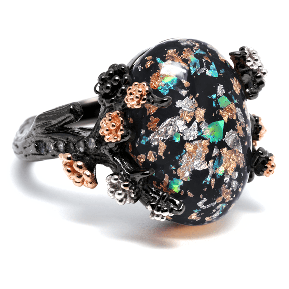 Henrietta Black Tree Branch Gothic Inspired Fire Opal Engagement Ring for Women by Ginger Lyne