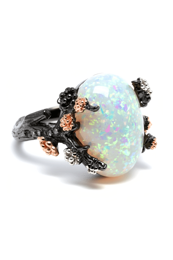 Henrietta Black Tree Branch Gothic Inspired Fire Opal Engagement Ring for Women by Ginger Lyne