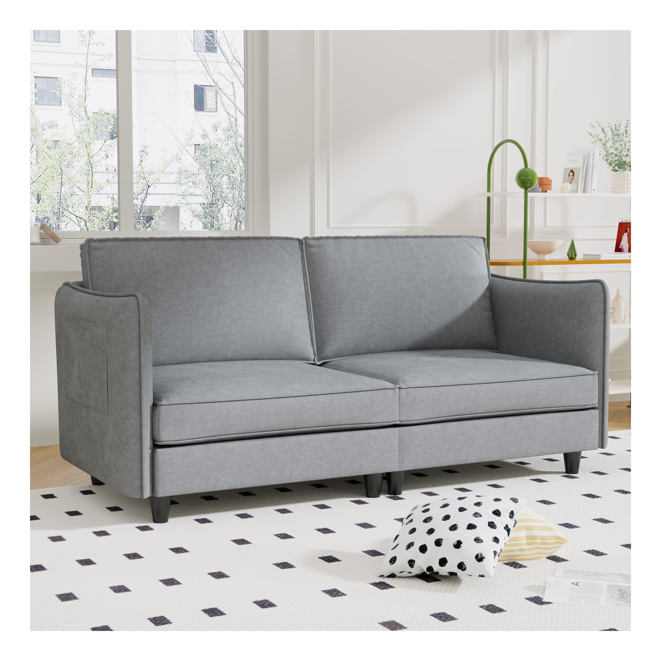 Henrietta Solid Wood Loveseat with Breathable Fabric, Pocket Springs, and Side Storage, Grey