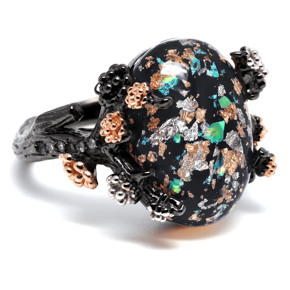 Henrietta Sterling Silver Black Tree Branch Gothic Inspired Fire Opal Ring for Women by Ginger Lyne