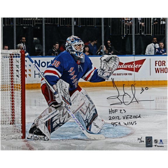 Henrik Lundqvist New York Rangers Autographed 16" x 20" Blue Jersey in Net Photograph with Multiple Inscriptions - Limited Edition #30 of 30 - Fanatics Authentic Certified