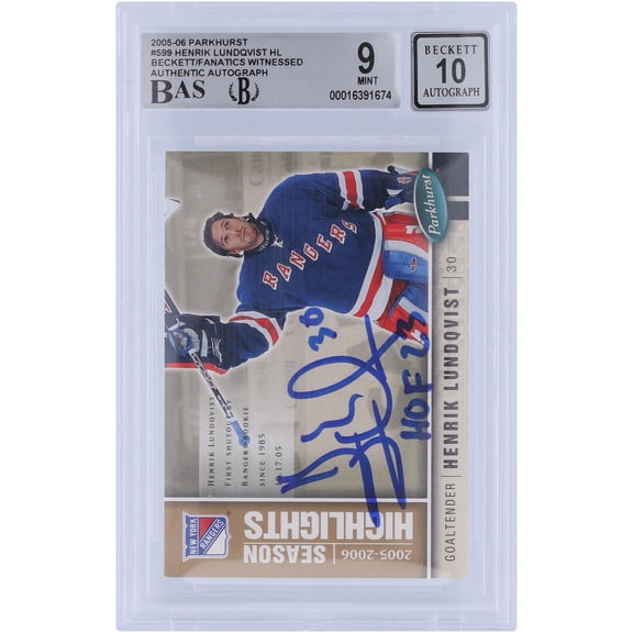 Henrik Lundqvist New York Rangers Autographed 2005-06 Upper Deck Parkhurst #599 Beckett Fanatics Witnessed Authenticated 9/10 Rookie Card with "HOF 23" Inscription - Fanatics Authentic Certified