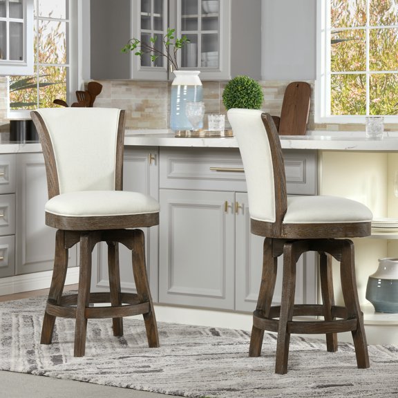 Henry 27" Armless Swivel Counter Height Bar Stool, Natural White Linen