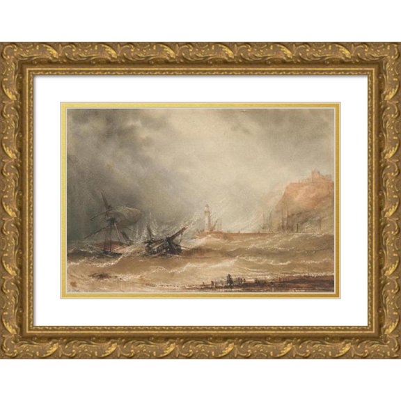 Henry Barlow Carter 18x14 Gold Ornate Wood Frame and Double Matted Museum Art Print Titled - A Ship off Whitby in a Storm (1859)