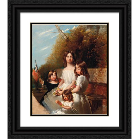 Henry Barraud 20x23 Black Ornate Framed Double Matted Museum Art Print Titled: Group Portrait of Four Children in a Landscape