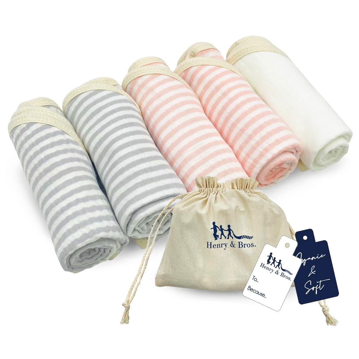 Henry&Bros. Organic Cotton Burp Cloths Baby Gift Set - 5 Pack 20x10 Large Cotton 5 Layers Extra Absorbent Soft Muslin Burping Cloth (Pink Charms)