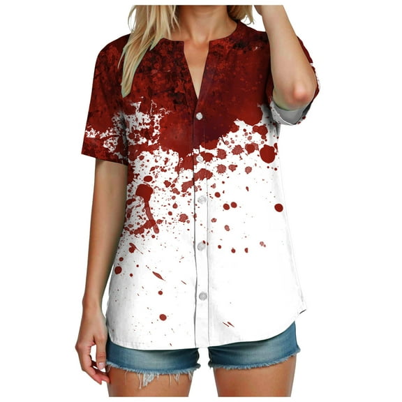 Henry Collar Halloween Shirts for Women Short Sleeve Lightweight Tops 2025 Season Scary Spooky Tunic T-Shirt