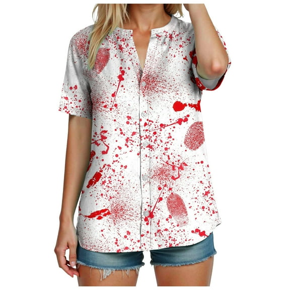 Henry Collar Halloween Shirts for Women Short Sleeve Lightweight Tops 2025 Season Scary Spooky Tunic T-Shirt
