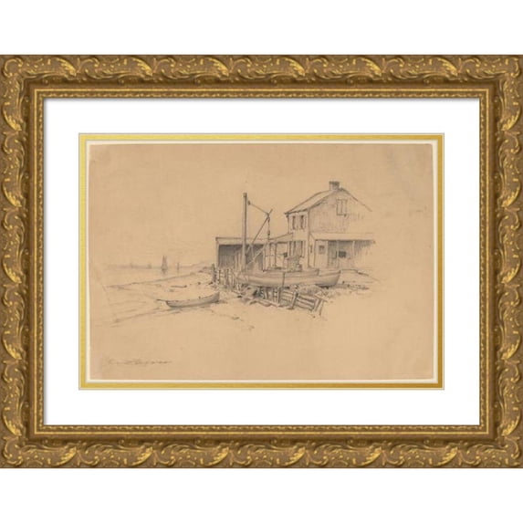 Henry Farrer 24x18 Gold Ornate Framed and Double Matted Museum Art Print Titled - Fishing Boats and Shack