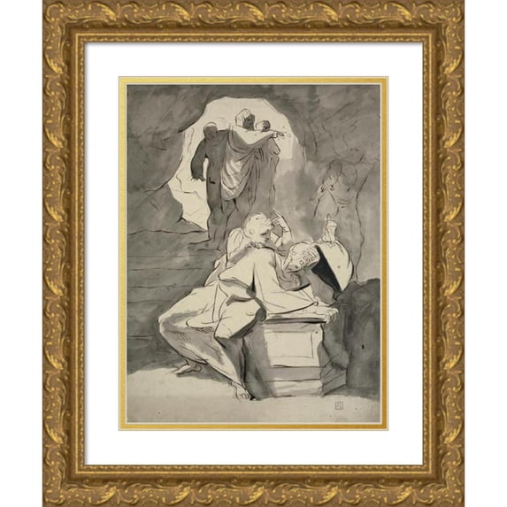 Henry Fuseli 11x14 Gold Ornate Wood Frame and Double Matted Museum Art Print Titled - A Man in Despair Over a Tombstone in a Cave with Other Figures (1770 - 1779)
