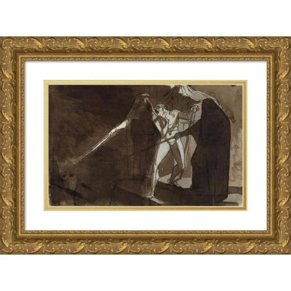 Henry Fuseli 14x10 Gold Ornate Wood Frame and Double Matted Museum Art Print Titled - Macbeth and the Three Witches. Illustration for Shakespeare's Macbeth, Iv,1 (1773)