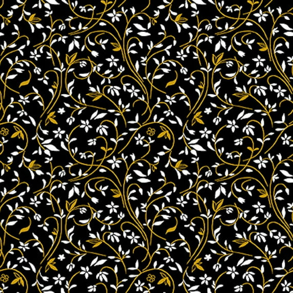 Henry Glass Black, White & 24 Karat Swirling Vine Black Cotton Fabric By The Yard