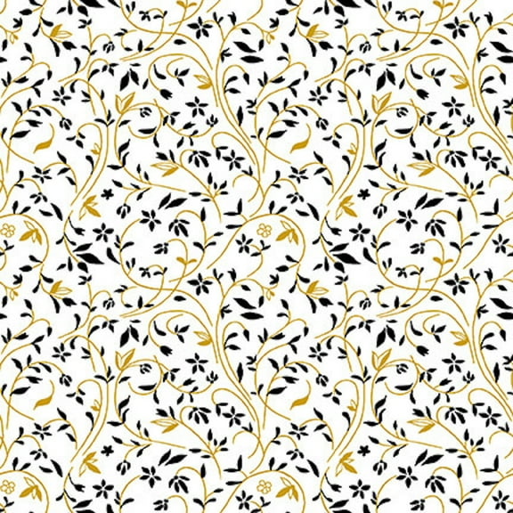 Henry Glass Black, White & 24 Karat Swirling Vine White Cotton Fabric By The Yard