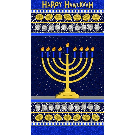 Henry Glass Hanukkah Festival Of Lights 24" Menorah Panel Navy Cotton Fabric By The Panel