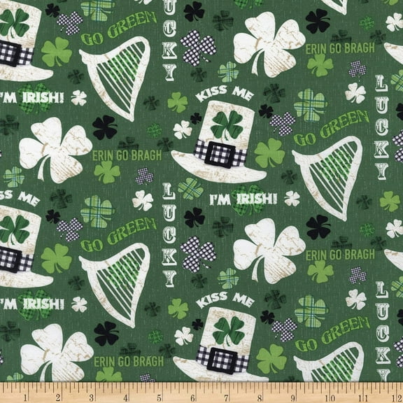 Henry Glass Hello Lucky Irish Motifs & Words Green 100% Cotton Fabric sold by the yard