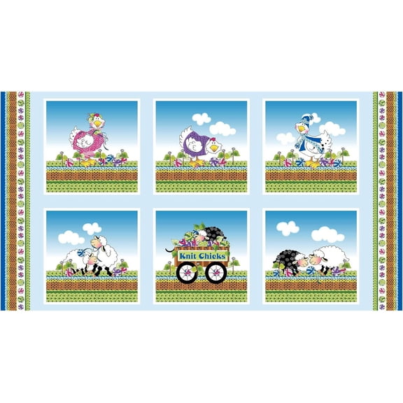 Henry Glass Knit Chicks 24x43'' Chicken And Sheep Panel Multi 100% Cotton Fabric sold by the panel