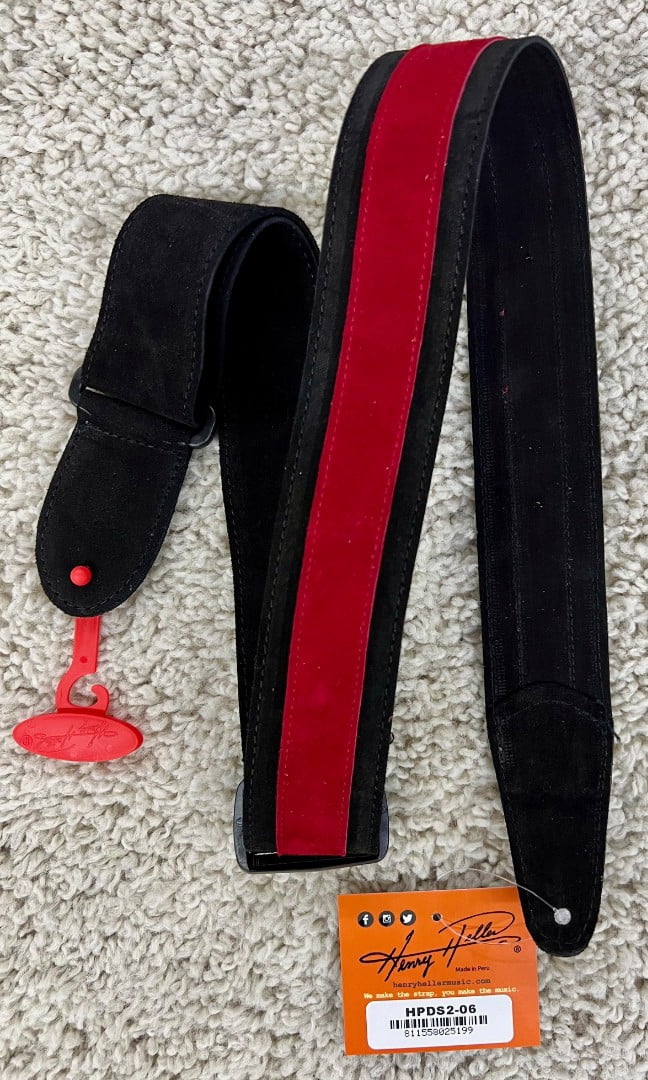 Henry Heller 2" Wide Black w/Red Strip Suede Adjustable Guitar Strap HPDS2-06