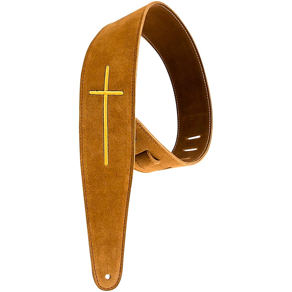 Henry Heller HP25ESCR-03 Suede Embroidered Cross Design 2.5 in. Guitar Strap - Brown