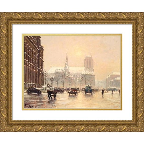 Henry Malfroy 14x11 Gold Ornate Wood Frame and Double Matted Museum Art Print Titled - Notre-Dame Vue De La Place De L'Hotel De Ville, in Snowy Weather (1930)