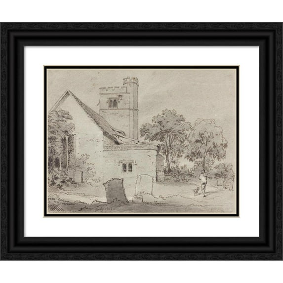 Henry Monro 18x15 Black Ornate Wood Framed Double Matted Museum Art Print Titled - Aldenham Church, Hertfordshire (1812)