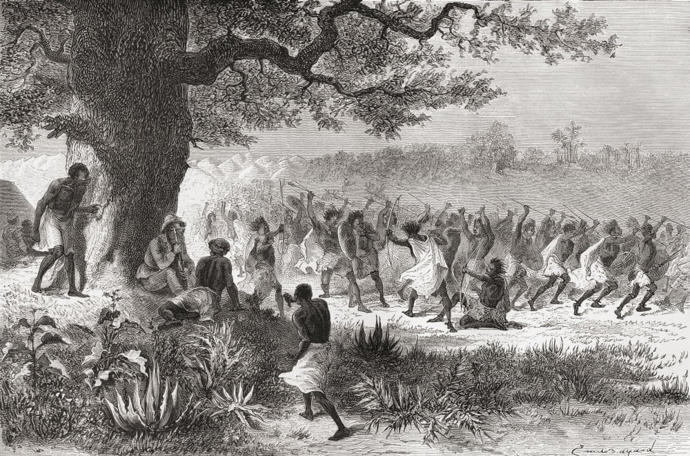 Henry Morton Stanley Watching The Vouagogos Tribe Preparing For Battle During His Expedition In 1871 From El Mundo En La Mano Published 1878 Canvas Art - Ken Welsh Design Pics (18 x 11)