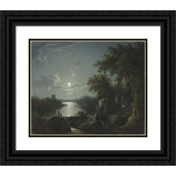 Henry Pether 17x15 Black Ornate Wood Framed Double Matted Museum Art Print Titled - Moonlit Fishing on the Riverbank