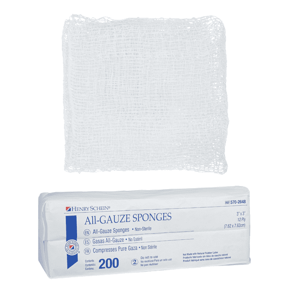 Henry Schein 100% Cotton Woven All-Gauze Sponge 3x3" 12 Ply Non-Sterile Square for Wound Dressing Gauze Sponge-Pads for Wound Care & Home First Aid Kits, 200 / Pack