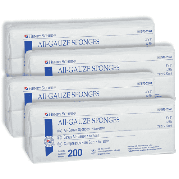 Henry Schein 100% Cotton Woven All-Gauze Sponge 3x3" 12 Ply Non-Sterile Square for Wound Dressing Gauze Sponge-Pads for Wound Care & Home First Aid Kits, Pack of 4