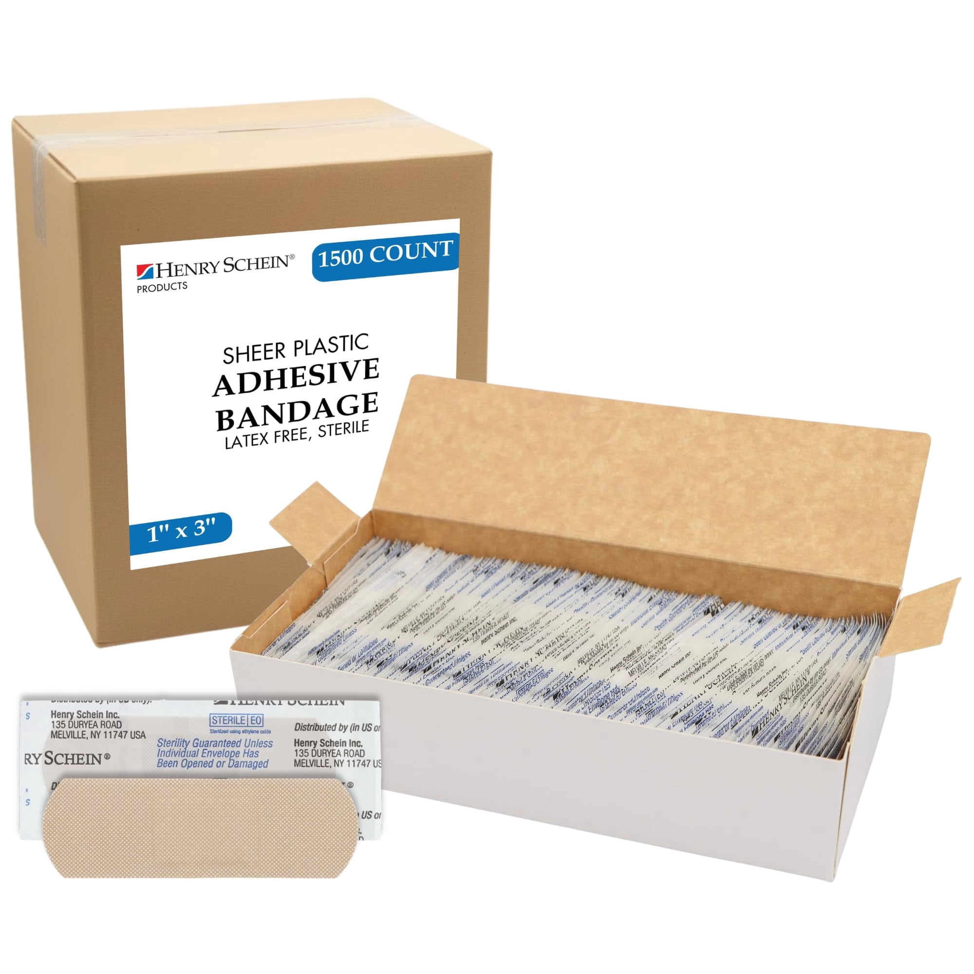 Henry Schein Sheer Adhesive Bandages, 1" x 3" Sterile Strips | Bulk Case of 1,500 (10 Packs of 150) | Breathable, Latex-Free First Aid Bandages for School Nurses, Offices & Businesses