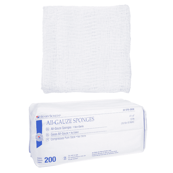 Henry Schein All-Gauze Sponge Pads, 4 x 4 inches, 12-Ply, 100% Cotton, Non-Sterile, Latex-Free, White, 200 Count (Packaging May Vary)