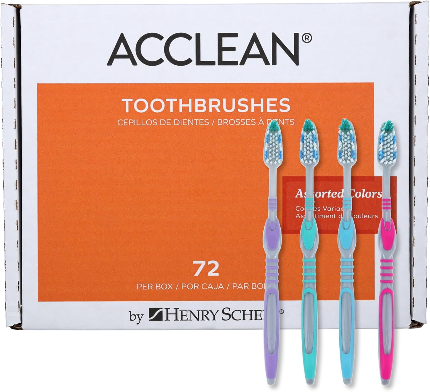 Henry Schein Acclean Adult Toothbrush, Assorted Colors, 47-Tuft Soft Full Head, Manual Toothbrush with Tongue Cleaner, Dual-Component Handle, 72 per Box