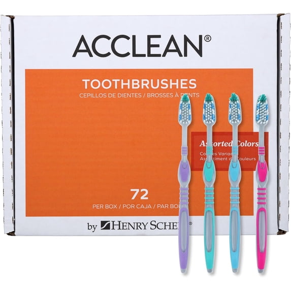 Henry Schein Acclean Adult Toothbrush, Assorted Colors, 47-Tuft Soft Full Head, Manual Toothbrush with Tongue Cleaner, Dual-Component Handle, 72 per Box