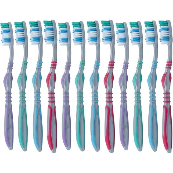 Henry Schein Acclean Adult Toothbrush Soft Full Head 47 Tuft with Tongue Cleaner, 12 Pack Assorted Colors May Vary, Triple-Level Bristles, Raised Tip for Posterior Teeth, Ergonomic Grip Handle