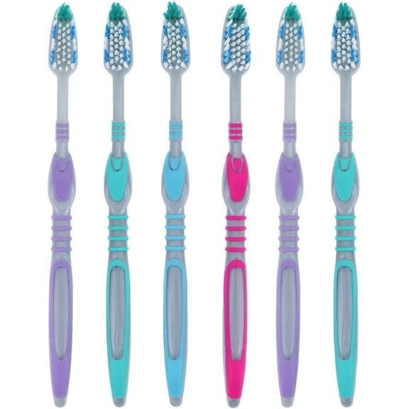Henry Schein Acclean Adult Toothbrush Soft Full Head 47 Tuft with Tongue Cleaner, 6 Pack Assorted Colors May Vary, Triple-Level Bristles, Raised Tip for Posterior Teeth, Ergonomic Grip Handle