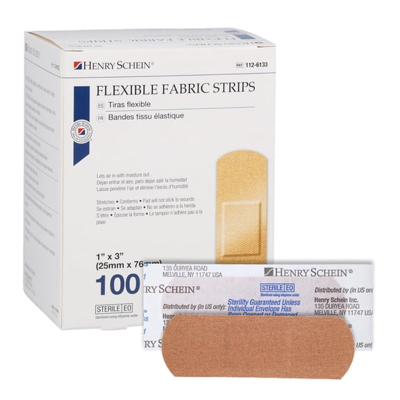 Henry Schein Sterile Adhesive Fabric Bandages, 1" x 3" – Box of 100 Flexible, Breathable Strips – Soft, Stretchable Wound Covers for First Aid, Medical Use, Clinics & Emergency Kits