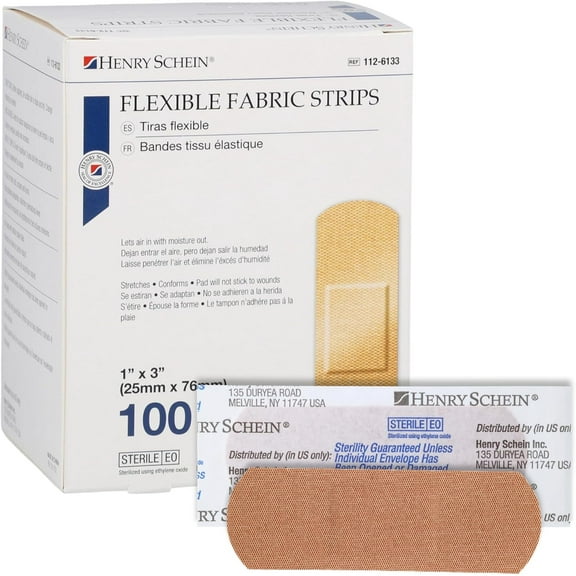 Henry Schein Adhesive Fabric Bandage Strips, 1" x 3", Sterile, Box of 100