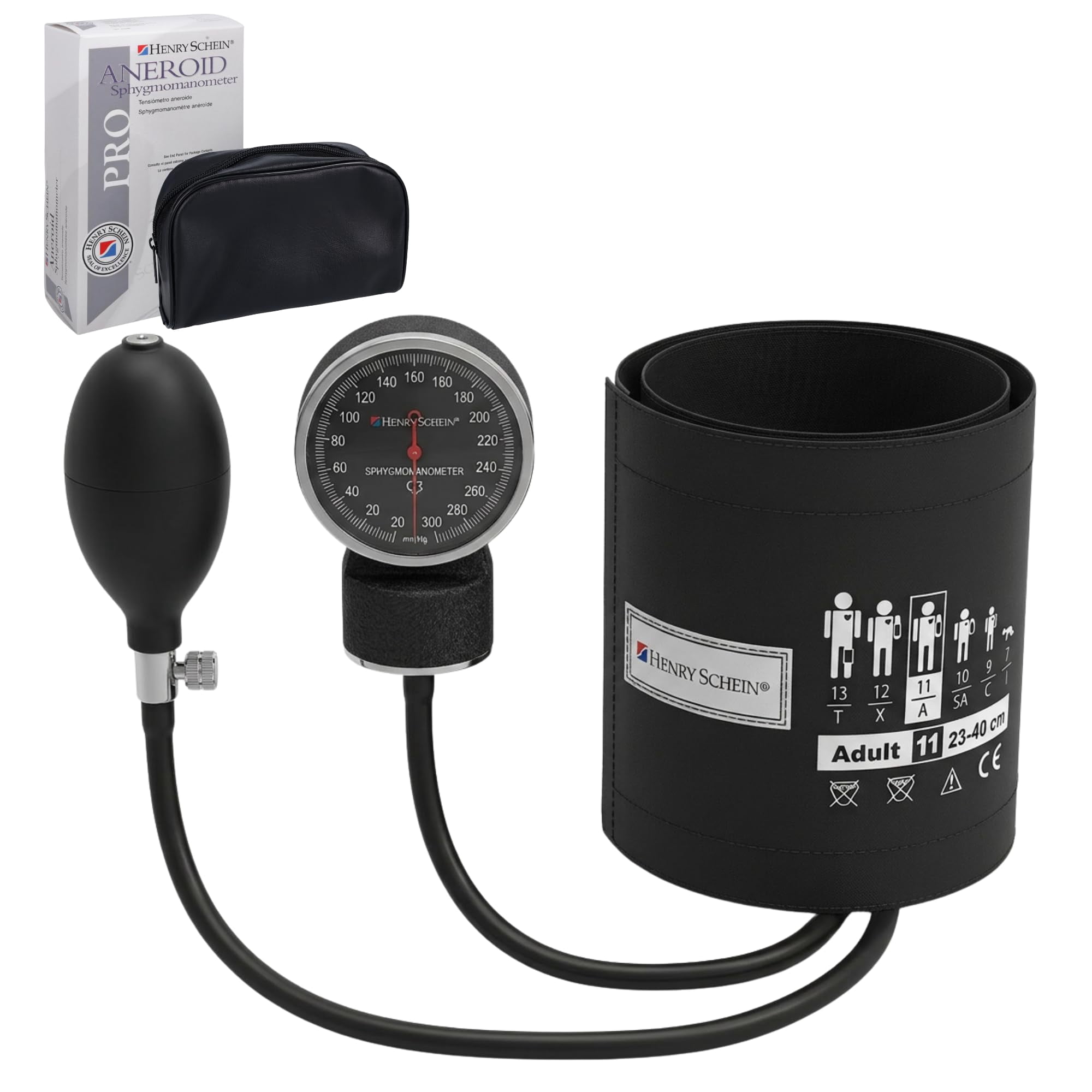 Adult Pro Aneroid Sphygmomanometer – Size 11 (9"–15.75") Black Cuff, Manual Blood Pressure Monitor, Reusable, Dial Display, Includes Leatherette Carrying Case – 1 Count