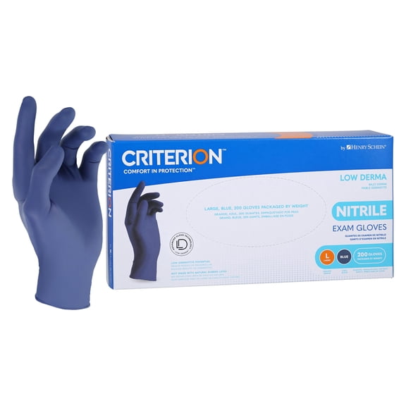 Henry Schein Criterion Low Derma Nitrile Exam Gloves Large, 200/Box, Slate Blue - Chemo Drug Tested, Latex-Free, Powder-Free, Chlorinated, Soft Stretch
