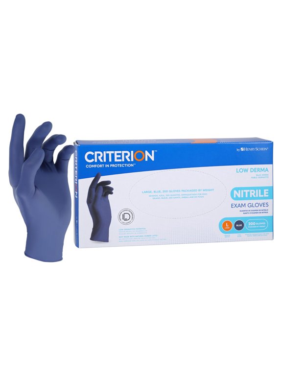 Criterion Low Derma Nitrile Exam Gloves Large, 200/Box, Slate Blue - Chemo Drug Tested, Latex-Free, Powder-Free, Chlorinated, Soft Stretch