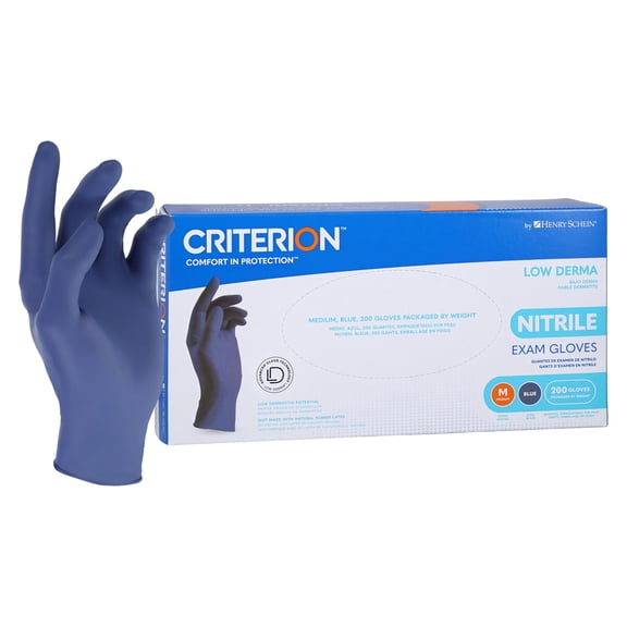 Henry Schein Criterion Low Derma Nitrile Exam Gloves Medium, 200/Box, Slate Blue - Chemo Drug Tested, Latex-Free, Powder-Free, Chlorinated, Soft Stretch