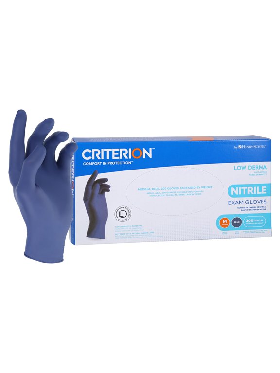 Criterion Low Derma Nitrile Exam Gloves Medium, 200/Box, Slate Blue - Chemo Drug Tested, Latex-Free, Powder-Free, Chlorinated, Soft Stretch