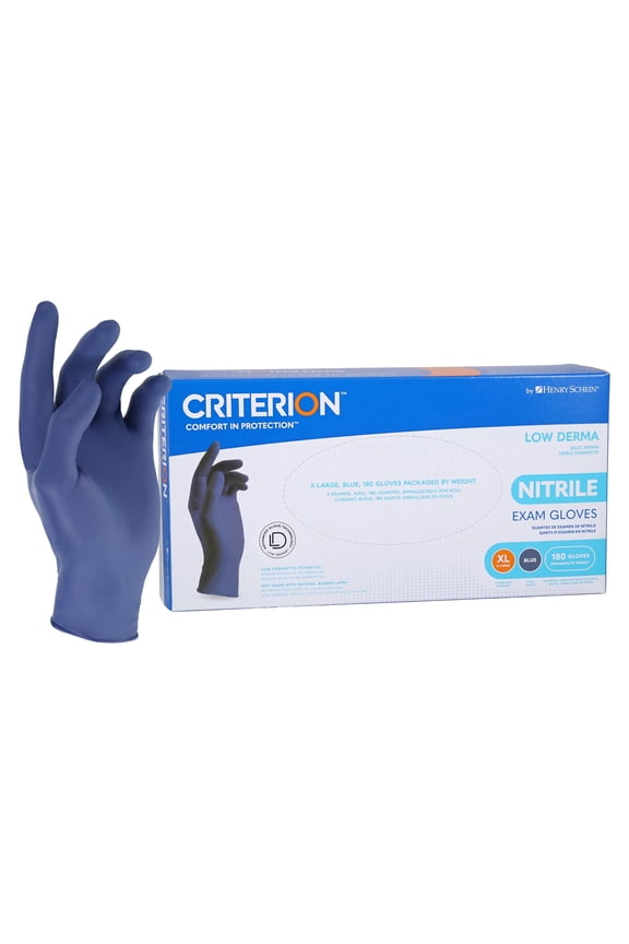 Criterion Low Derma Nitrile Exam Gloves  X-Large, 180/Box, Slate Blue - Chemo Drug Tested, Latex-Free, Powder-Free, Chlorinated, Soft Stretch