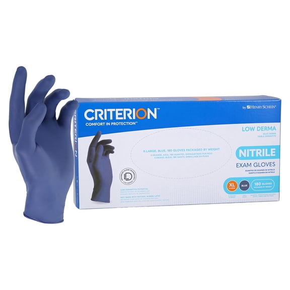 Henry Schein Criterion Low Derma Nitrile Exam Gloves X-Large, 180/Box, Slate Blue - Chemo Drug Tested, Latex-Free, Powder-Free, Chlorinated, Soft Stretch