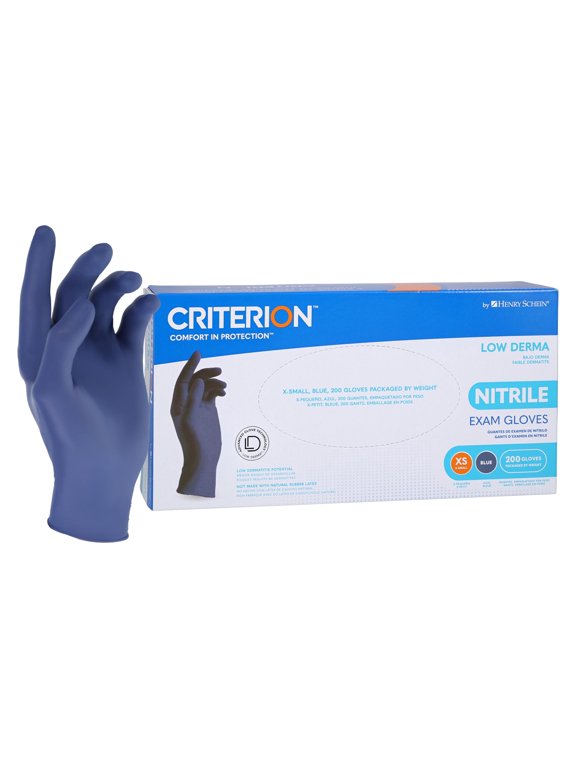 Criterion Low Derma Nitrile Exam Gloves X-Small, 200/Box, Slate Blue - Chemo Drug Tested, Latex-Free, Powder-Free, Chlorinated, Soft Stretch