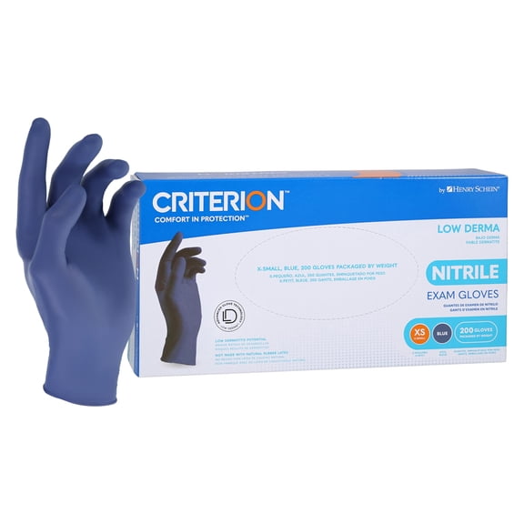 Henry Schein Criterion Low Derma Nitrile Exam Gloves X-Small, 200/Box, Slate Blue - Chemo Drug Tested, Latex-Free, Powder-Free, Chlorinated, Soft Stretch