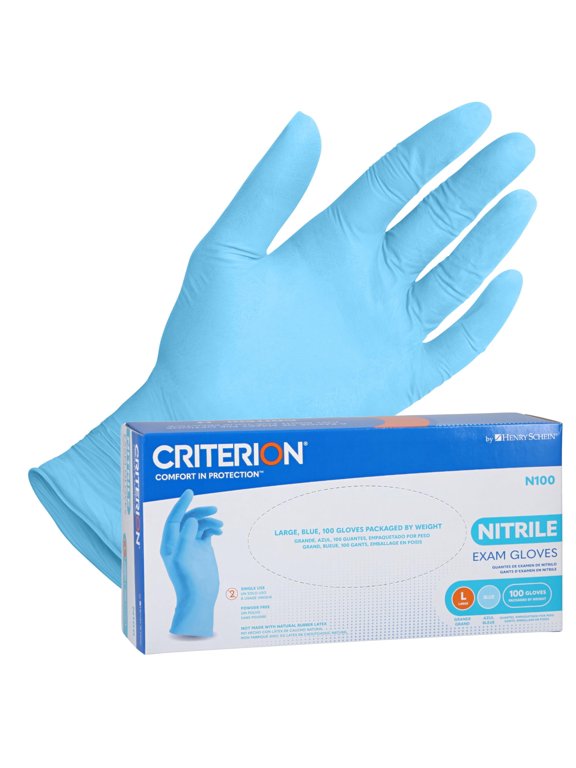 Henry Schein Criterion N100 Nitrile Exam Gloves, Blue, 3.54 Mil, Powder-Free, Textured Fingers, Large, 100/Box