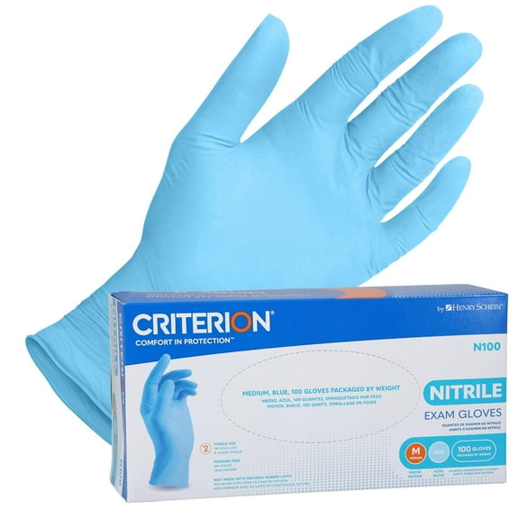 Henry Schein Criterion N100 Nitrile Exam Gloves, Blue, 3.54 Mil, Powder-Free, Textured Fingers, Medium, 100/Box