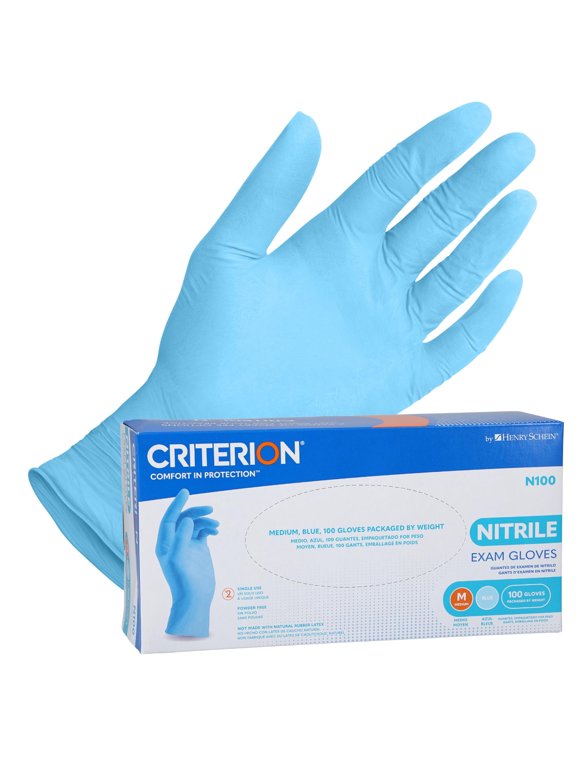 Henry Schein Criterion N100 Nitrile Exam Gloves, Blue, 3.54 Mil, Powder-Free, Textured Fingers, Medium, 100/Box