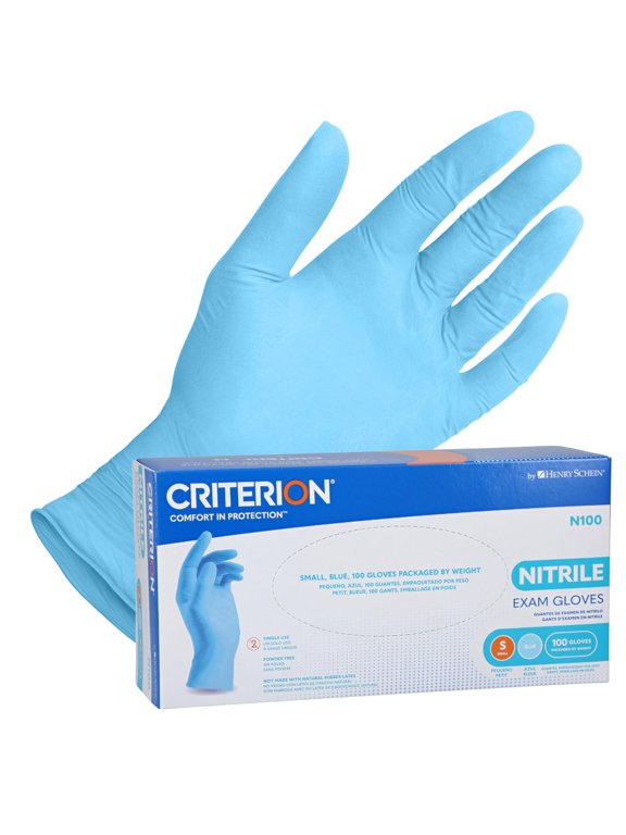 Henry Schein Criterion N100 Nitrile Exam Gloves, Blue, 3.54 Mil, Powder-Free, Textured Fingers, Small, 100/Box