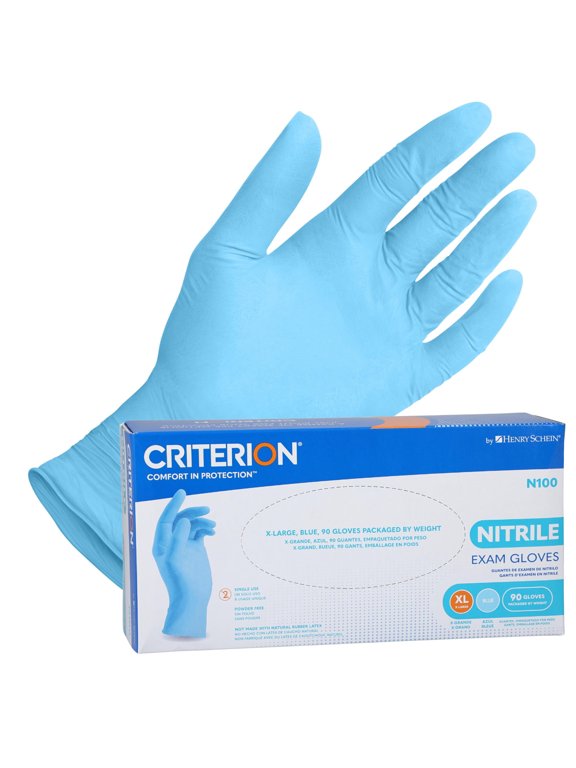 Henry Schein Criterion N100 Nitrile Exam Gloves, Blue, 3.54 Mil, Powder-Free, Textured Fingers, X-Large, 90/Box